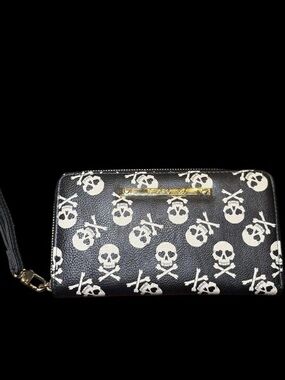 Betsey Johnson Black Wallet with White Skull Print and Gold Accent